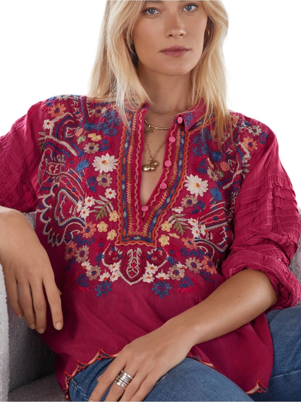 Johnny Was Women’s Sz M Rumba Red Aubrette Embroidered Button Down Blouse Shirt